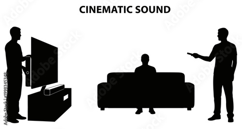 People experiencing cinematic sound with a television and remote control vector silhouette