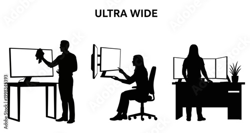 People interacting with computer monitors in a modern workspace vector silhouette