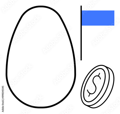 Finance, savings, investment, financial goals, planning, wealth management. Oversized egg, coin with dollar sign blue flag. Savings and investment concepts for financial planning and goals