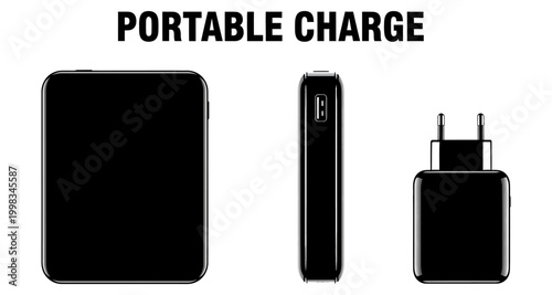 Portable power bank and wall charger set in vector silhouette