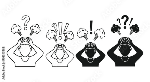 Four stylized figures show stress and confusion with question marks and exclamation points