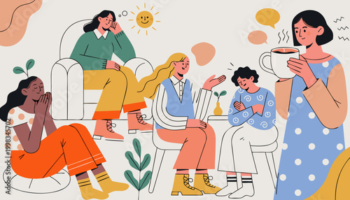 Women discussing health and wellbeing in cozy setting, diverse female group sharing support, self care, mental health and lifestyle balance illustration