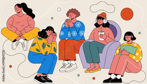Women supporting mental health together in calm setting, diverse female group expressing emotions, self care, empathy and wellbeing illustration