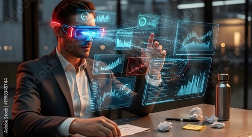 Professional man using holographic augmented reality AR glasses to interact with futuristic data visualizations and charts in office
