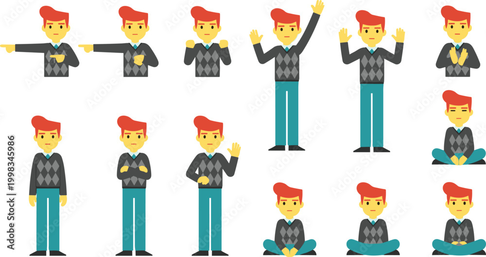 Fototapeta premium Cartoon Businessman Character Vector Set with Different Poses and Gestures for Office Illustration, Presentation Design, Animation Assets, and Corporate Communication Projects.