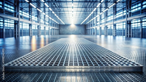 Modern industrial warehouse interior with a metallic grating floor and a perspective view towards a bright end