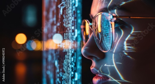 Young woman looks at a digital screen projecting glowing blue data code onto her face.