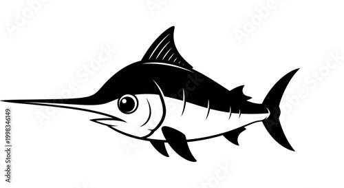 Marlin illustration, black and white, isolated on white background, graphic design
