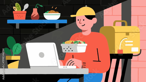 Food delivery courier riding bicycle flat vector illustration