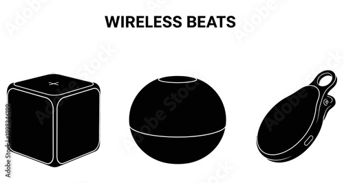 Three portable wireless speakers in silhouette against a white background Vector