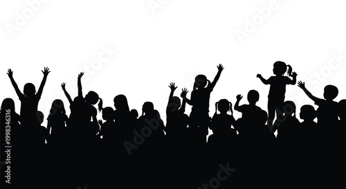 Silhouette of a happy crowd of children raising their hands together in a celebration of joy