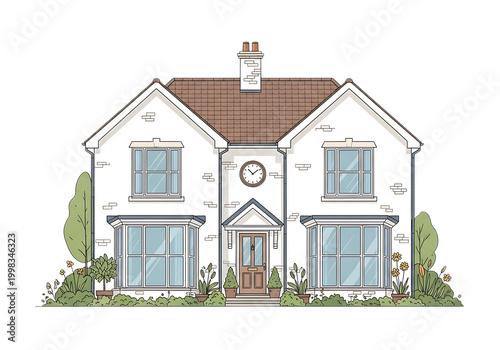 A charming two-story house with a pitched roof and dormer windows in a suburban setting isolated on white background