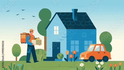 Food delivery courier riding bicycle flat vector illustration