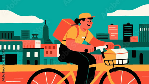 Food delivery courier riding bicycle flat vector illustration