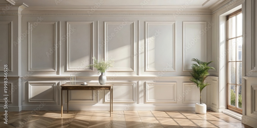Fototapeta premium Serene Sunlight Illuminates Elegant Interior Design with Classic Paneling, Console Table, and Lush Greenery