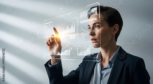 Professional woman in suit using holographic AR glasses to interact with futuristic data visualization interface