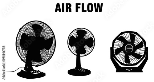 Vector silhouettes of three electric fans demonstrating air flow during summer heat