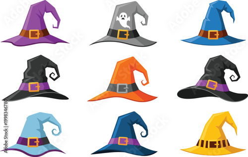Halloween Witch Hat Vector Set with Colorful Cartoon Wizard Hats in Various Styles for Spooky Holiday Design, Costume Illustration, and Fantasy Theme Projects.