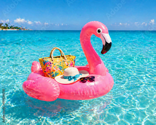 inflatable flamingo float with beach accessories in turquoise ocean high quality professional detailed modern elegant stylish