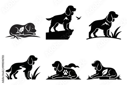 Active dog silhouette icons with jumping and resting poses