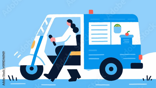 Food delivery courier riding bicycle flat vector illustration
