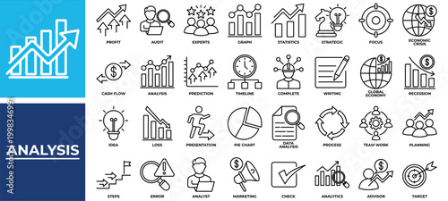 Analysis icon set collection. Containing statistics, analyze, loss, profit, consultant, planning, survey .Line vector icons collection