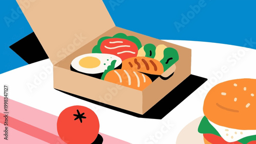 Healthy bento lunch box with balanced meal flat vector illustration