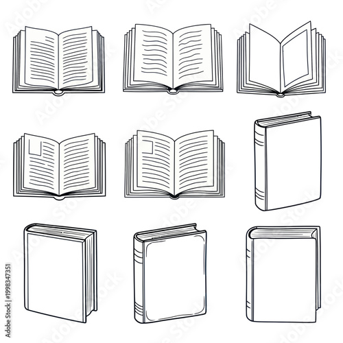 Collection of Hand-Drawn Open and Closed Books