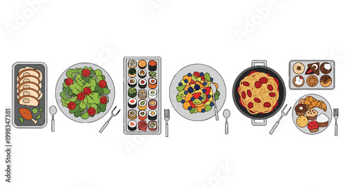 Assorted International Food Dishes Set with Sushi Salad Pasta Roast Chicken and Pastries Vector Illustration