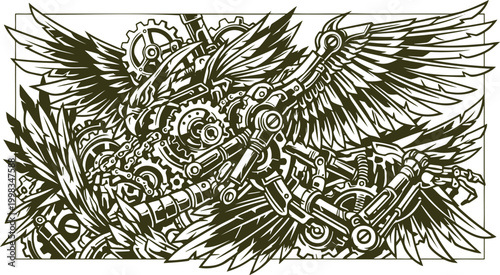 Mechanical eagle illustration with intricate gears and metallic wings