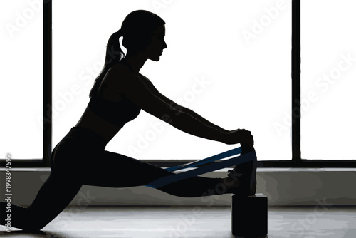 Woman performing deep lunge stretch using resistance band silhouette against window.