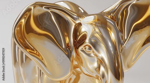 Liquid light morphs into an abstract spiritual figure with a gentle elephant-inspired shape, smooth transitions, reflective gold and amber tones, in a minimal, serene environment.