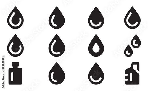Solid droplet and liquid container icons for car maintenance fuel efficiency and industrial lubricant.