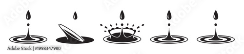 Set of 5 vector black and white water splash icons on transparent background for your design.