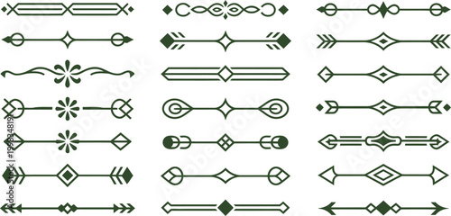 Decorative green divider set with vintage calligraphic ornaments elegant line art borders and geometric decorative elements for page design and invitation.