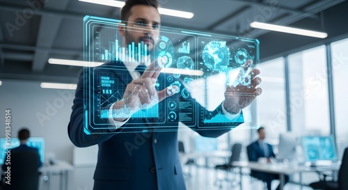 Professional man in suit using holographic AR glasses interacting with futuristic data interface in modern office