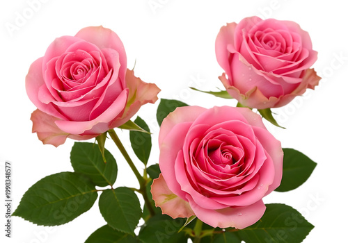 Three elegant pink roses blooming beautifully in a natural arrangement isolated on white background