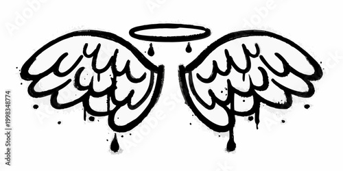 grunge angel wings with halo on white background