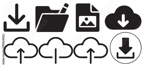 Black folder and cloud storage icon set for mobile and web file management UI. vector illustration eps 10