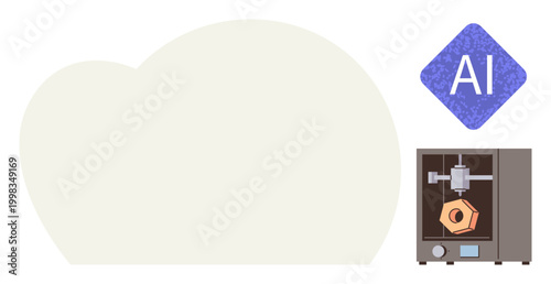 Innovation, prototyping, AI integration, 3D design, manufacturing, creativity. A 3D printer creates a hexagonal object with an AI icon and cloud. Innovation and prototyping revolutionize 3D design