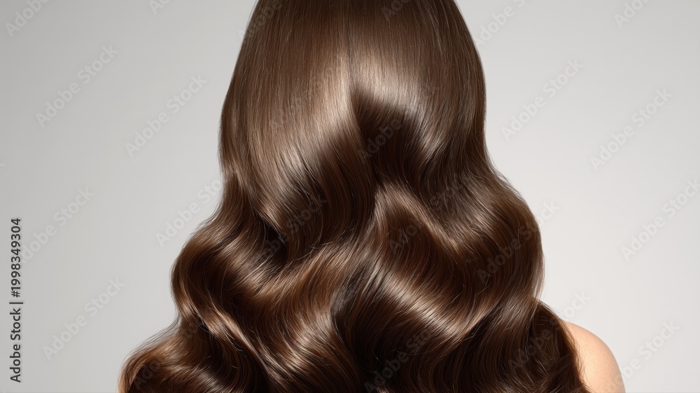Fototapeta premium 光沢のある茶色の髪が美しくウェーブしている後ろ姿。ヘアケアや美容関連の広告や記事に最適なイメージ素材