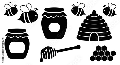 Cute bee and honey icons in black silhouette style