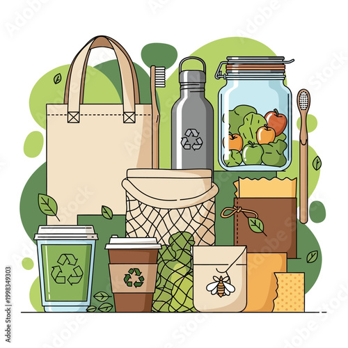 Zero waste and sustainable lifestyle items vector illustration