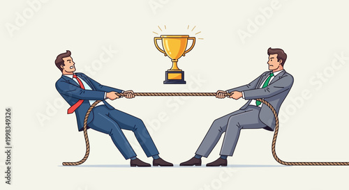 Two businessmen in suits tug-of-war for a golden trophy