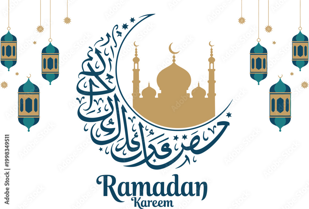 Fototapeta premium Ramadan Kareem mosque crescent moon and lanterns vector illustration