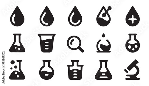 Laboratory equipment and chemical flask flat icon collection for scientific research and education.