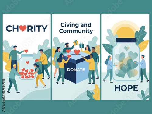 Charity, Donation, and Community Support Illustration Set; Flat Vector Design of People Giving Hearts and Gifts for Philanthropy, Social Responsibility, and Hope