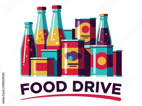 Food Drive Illustration for Charity and Community Support - Canned Goods and Non-perishable Food Donations Vector Art