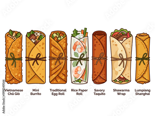 Collection of International Food Wraps and Rolls Illustration Including Burrito, Egg Roll, Shawarma, and Spring Rolls