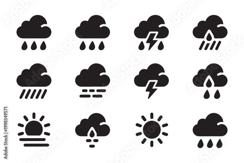 Weather forecast meteorology icon set with clouds rain thunder sun and fog for mobile application.